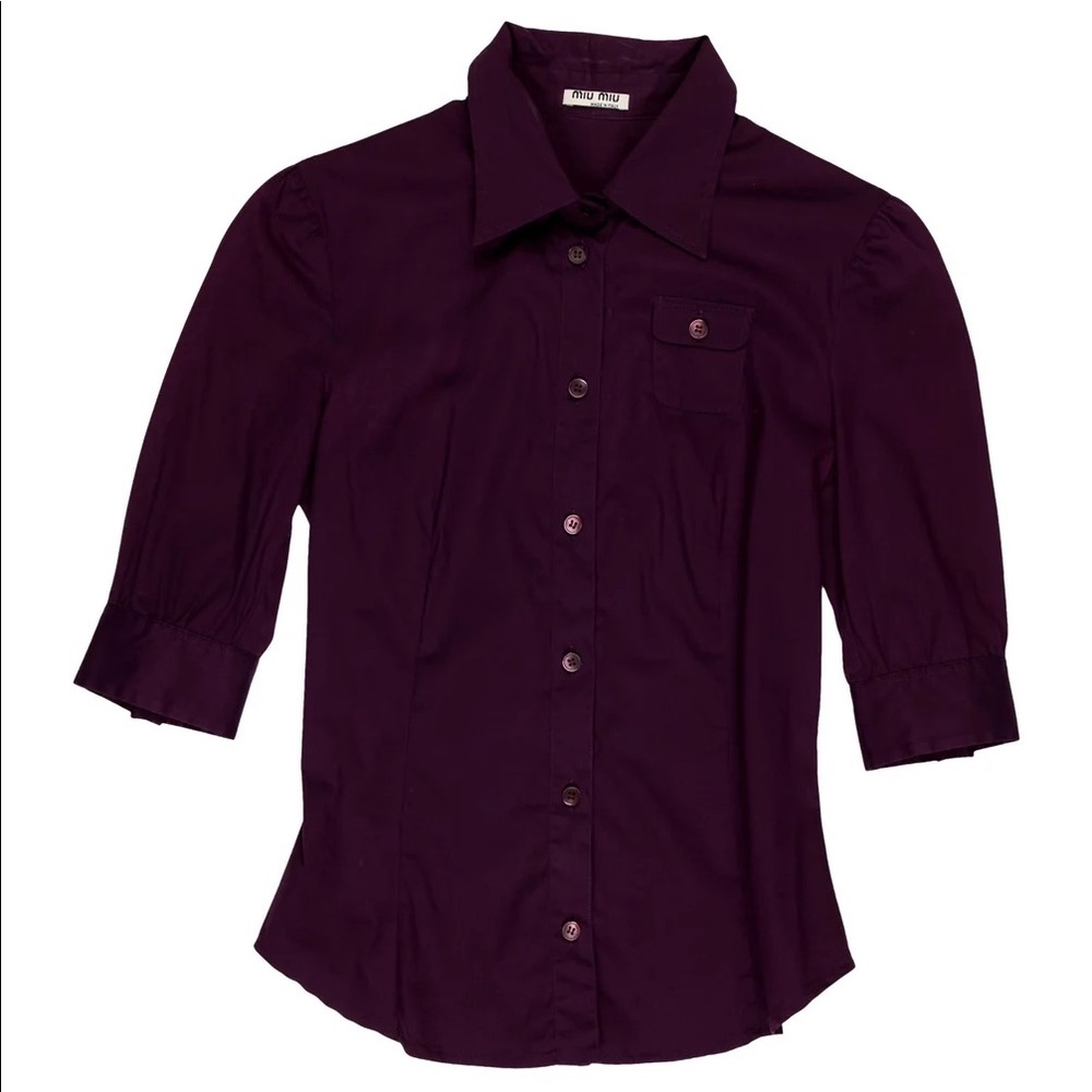 ISO Miu Miu purple button down three quarter short sleeve top, small pocket